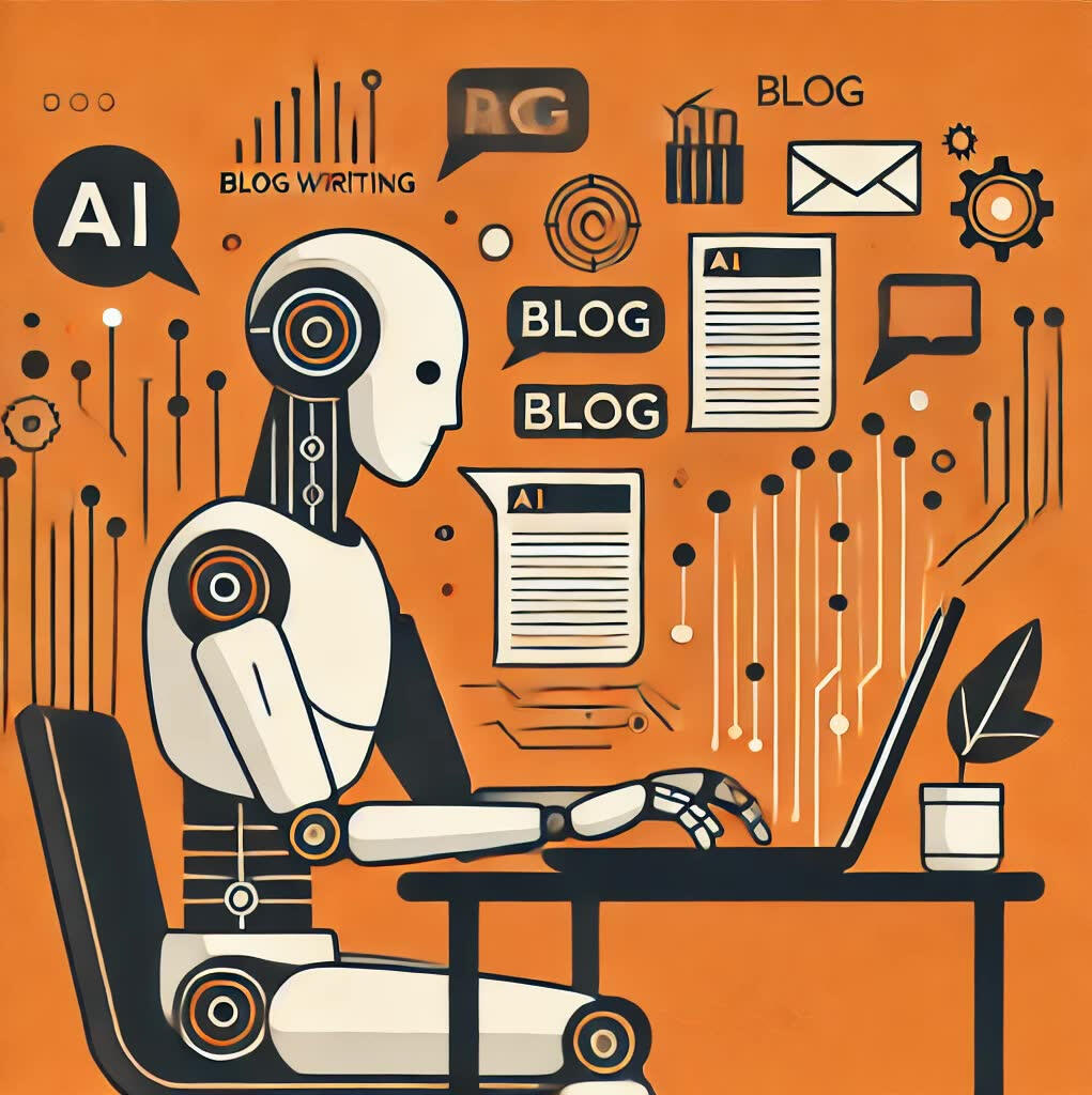 AI Blog Writing AI Assistant sat at a type writer